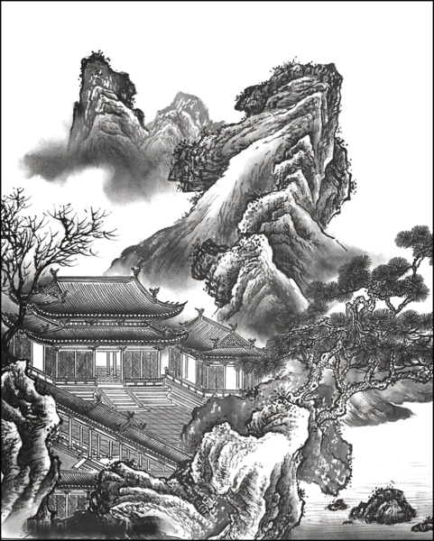 【PNG素材网-png.mixinnet.cn】水墨山水画山脊桃树房屋