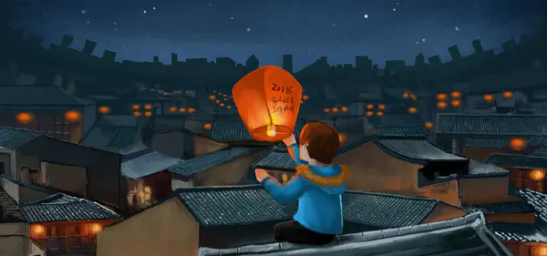 【PNG素材网-png.mixinnet.cn】屋顶上放孔明灯祈福背景