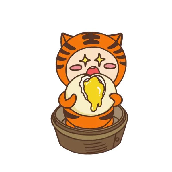 【PNG素材网-png.mixinnet.cn】卡通站在蒸笼里开心吃的蛋黄包的