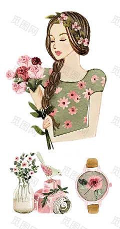 [美工云]唯美女孩手绘水彩剪贴画手捧花花束花瓶手表_免抠PNG：