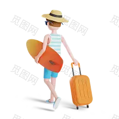 卡通创意3D免抠立体人物夏天旅游海滩度假冲浪插画图标PS设计素材-淘宝网