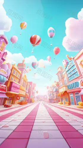 an illustration of the city has cute decorations like balloons, buildings, and balloons, in the styl