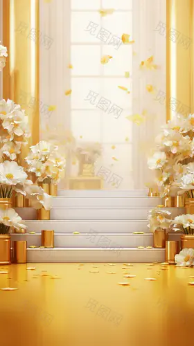 hall with gold flowers and gold boxes, in the style of minimalist backgrounds, contest winner