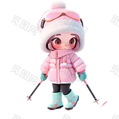 冬天可爱女孩滑雪元素3d免抠