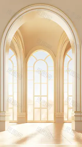 art deco window frame with arched ceiling and window ledge, in the style of light beige and gold, un