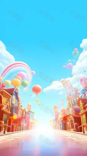 abstract background with colorful buildings in the sky, in the style of immersive environments, cute