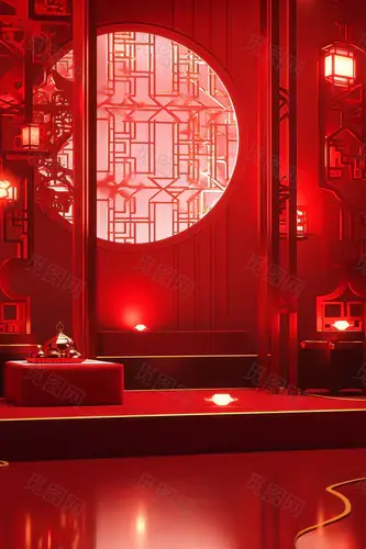 Red oriental oriental room with golden frame and red floor, in the style of luminous 3d objects, pla