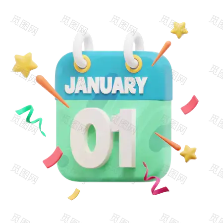 01 January Calendar 3D Icon