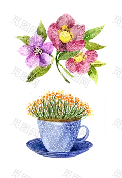 手绘春季春天绿植鲜花热带花盆栽免抠_PNG：