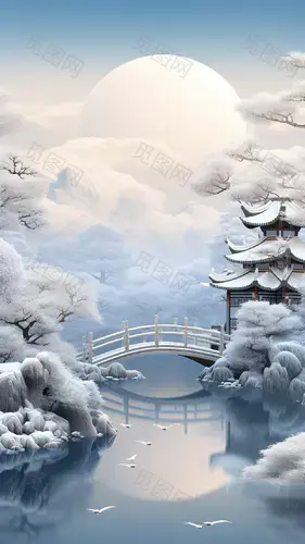 花瓣素材_冬季冬天通用插画中国风中式古建筑自然山水积雪场景背景