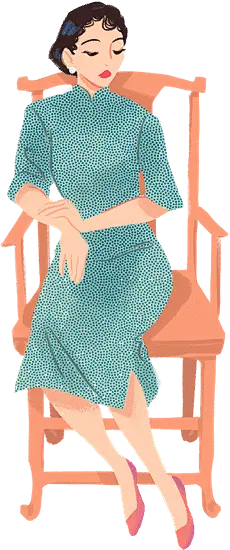 【PNG素材网-png.mixinnet.cn】Retro Lady in Teal Cheongsam