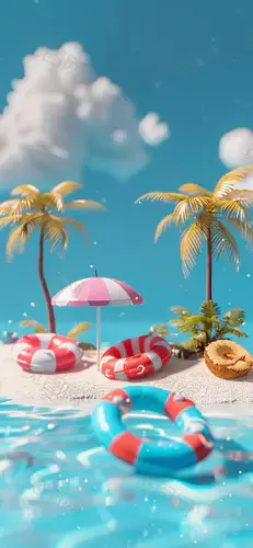 蓝天白云夏日小岛壁纸  创意3D微景观海边风景