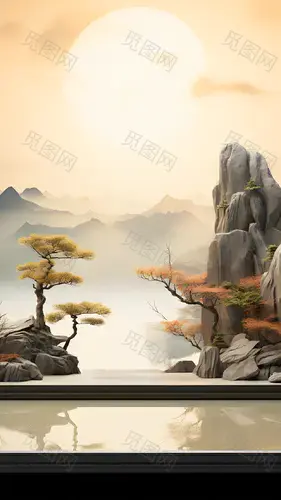 花瓣素材_通用国风插画中式自然山树展台场景背景