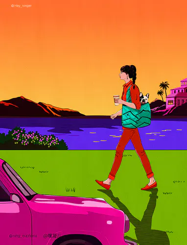 【PNG素材网-png.mixinnet.cn】海边行走的红衣女子海边风景