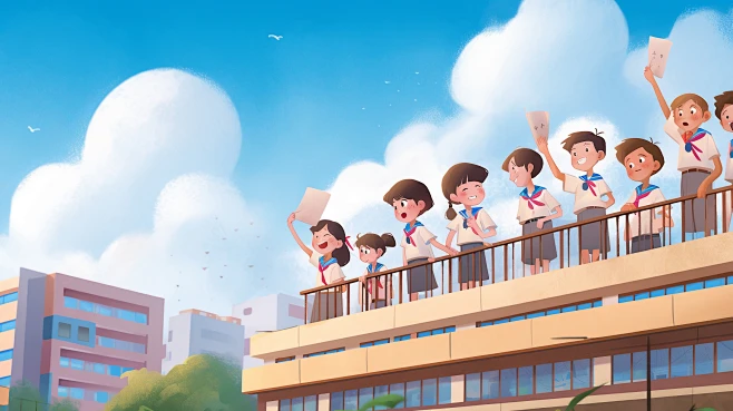 【觅图网-pic.51mitu.com】校园内毕业季教学楼学生站在围栏挥舞插画 (1)