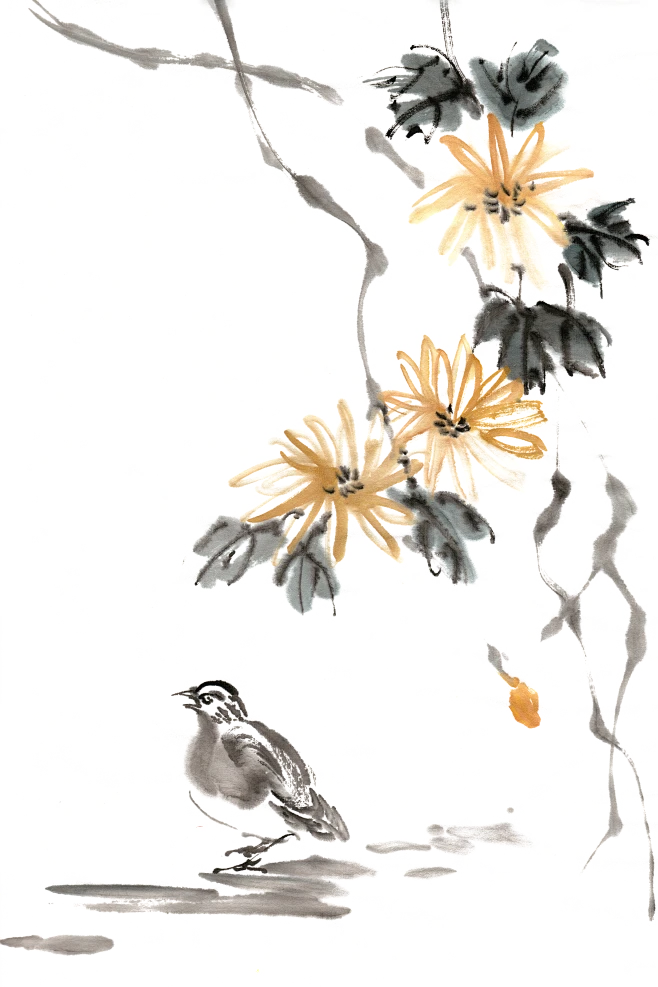 【PNG素材网-png.mixinnet.cn】菊花小鸟水墨画PNG免抠素材
