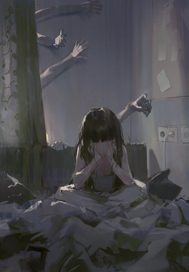 【PNG素材网-png.mixinnet.cn】画师Dino 负面 压抑 房间 黑长直 捂脸  恐怖