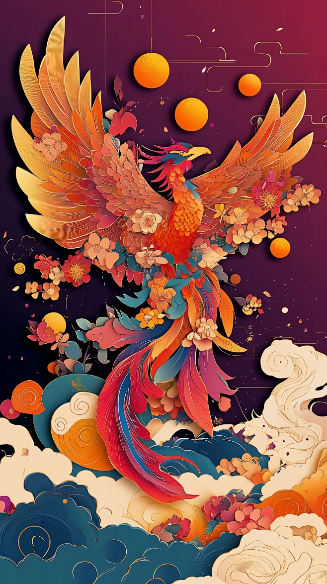 【觅图网-pic.51mitu.com】中国风凤凰插画壁纸，凤凰于飞，羽翼生辉