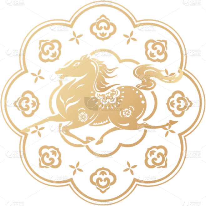 【PNG素材网-png.mixinnet.cn】马年中式感插画金色渐变剪纸马围绕元素