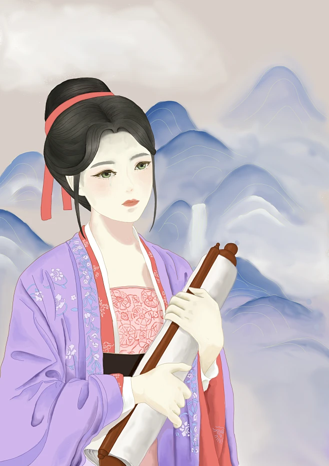 【PNG素材网-png.mixinnet.cn】以黛蓝山水为背景刻画成画师