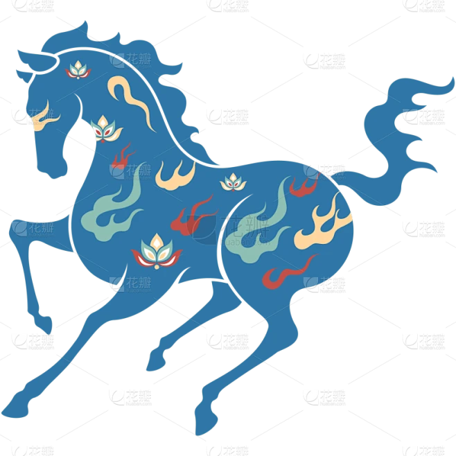 【PNG素材网-png.mixinnet.cn】马年中式感敦煌风插画蓝色马元素