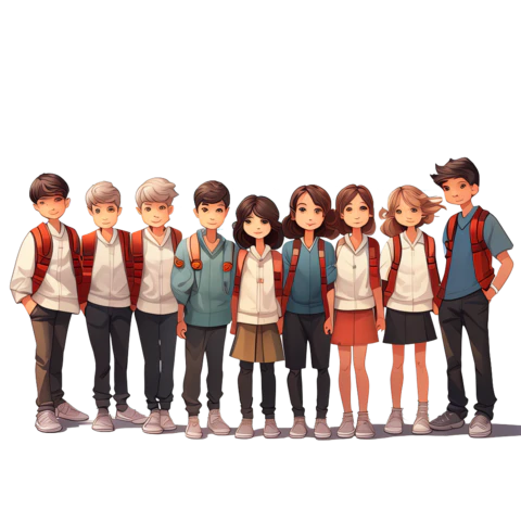 【PNG素材网-png.mixinnet.cn】一群手绘学生并排站着