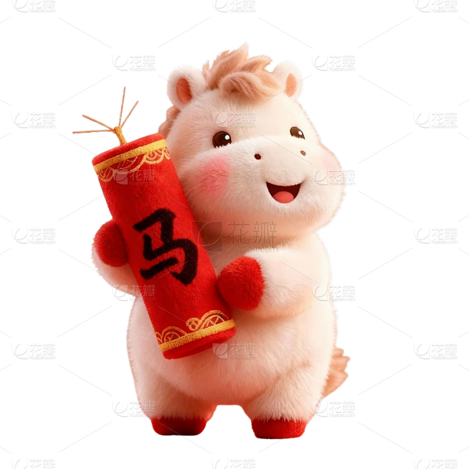 【PNG素材网-png.mixinnet.cn】马年3D毛绒感活泼小马+爆竹元素