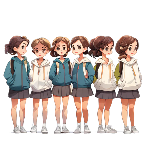 【PNG素材网-png.mixinnet.cn】六个卡通女生站成一排