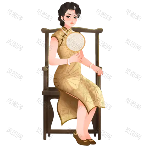 手绘-旗袍女人民国人物插画贴纸1