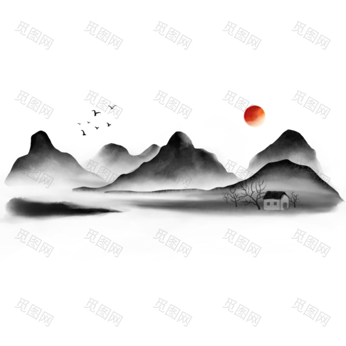 手绘-水墨中国风山水画场景1