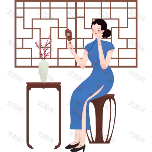 中国风人物插画素材-旗袍女人化妆