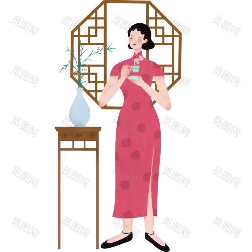 中国风人物插画素材-旗袍女人喝茶