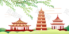 国潮建筑插画PNG