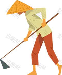 Farmer Working with Hoe on Paddy Field Vector Illustration