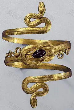 { Gold snake bracelet with garnet, from the Greek-Hellenistic period, 3rd-to-2nd century BC }